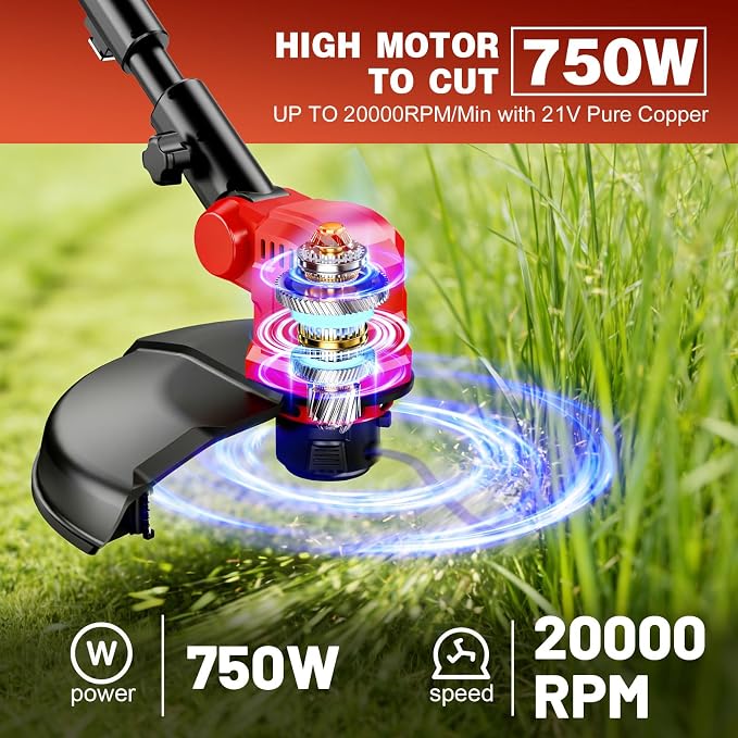 6000mAh Cordless Electric Weed Wacker, 12" Brushless Cordless String Trimmer, 4 in 1 Weed Eater/Brush Cutter/Weed Trimmer with 2*Batteries Powered & Auxiliary Wheels, Grass Trimmer (Red A)