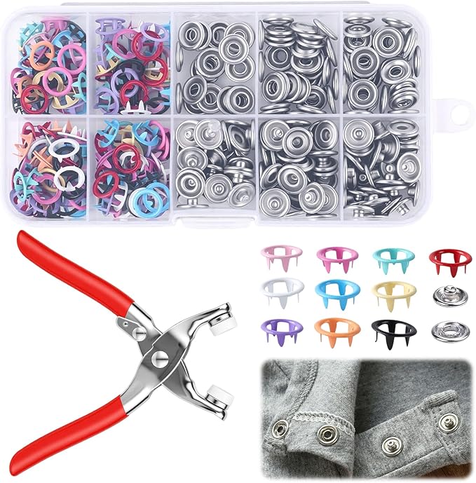 100 Sets Metal Snap Buttons Kit with Fastener Pliers Press Tool, 9.5mm Snap Fasteners for DIY Crafts, Clothing, Hats, Sewing, and Fabric Projects (Multicolor)