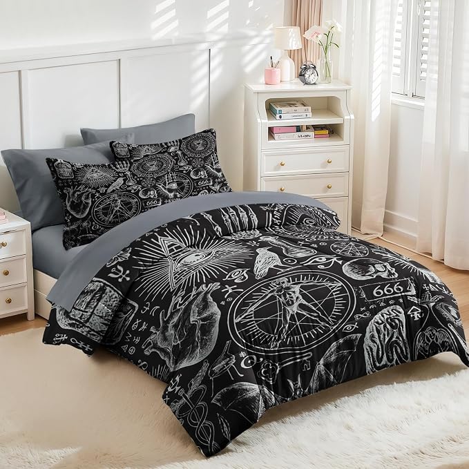Nesker Comforter Set Twin Size, Vintage Bat Skull 5 Pcs Bedding for Kids and Adults, Retro Medieval Halloween Bed Sheet Sets with Fitted Sheet Pillowcase & Sham