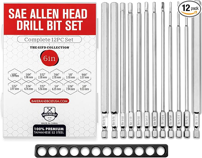 Baker and Bolt 12-Piece 6" Long Hex Head Allen Wrench Drill Bit Set – Impact Ready, S2 Steel, SAE, 1/4" Hex Bit Set with Storage Case