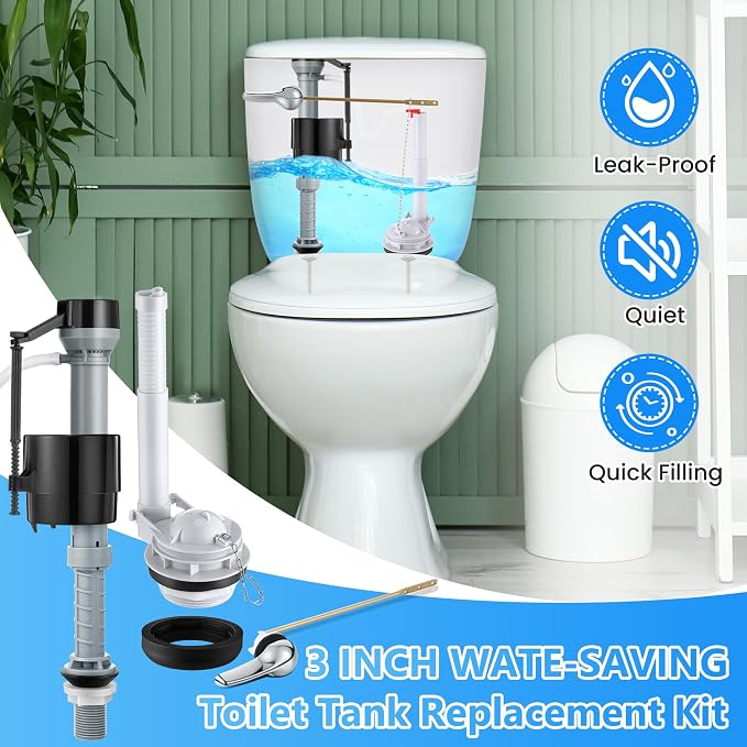 Saillong 3 Inch Toilet Flusher Replacement Kit, Include 3 Inch Adjustable Flush Valve with Flapper, Fill Valve, Front Flush Handle, Rubber Gasket, Bolts, Complete Toilet Parts Inside Tank Kit(1 Pack)