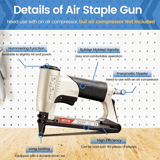 meite MT7116 Pneumatic Staple Gun, 22 Gauge 71 Series 3/8-Inch Crown 1/4-Inch to 5/8-Inch Length Air Upholstery Stapler Gun