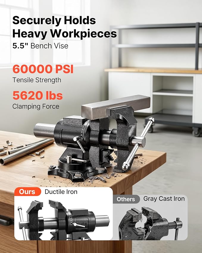 VEVOR Heavy Duty Bench Vise, 5.5" Jaw Width, Double Swivel Rotating Multi-Purpose Bench Vise, with 360° Locking Swivel Base and Head, 2.76" Throat Depth, 5" Max Jaw Opening, for Drilling Pipe Cutting