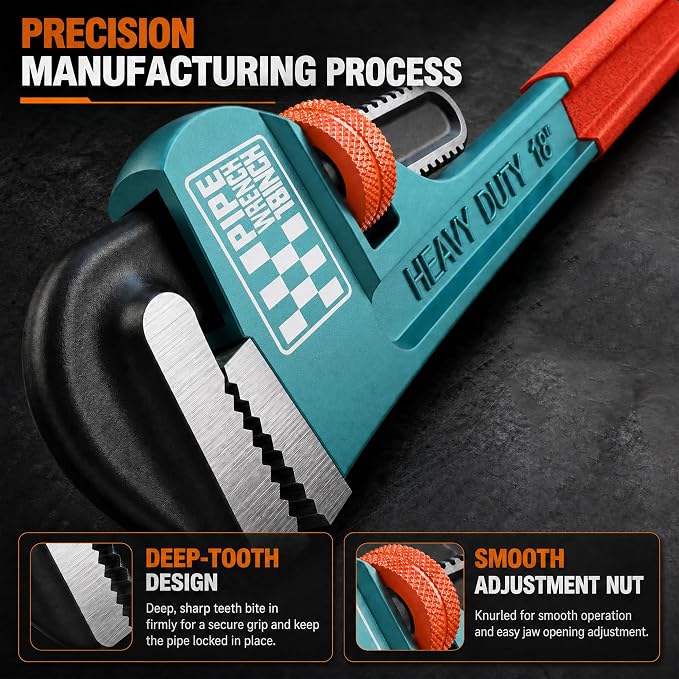 Heavy Duty Pipe Wrench, 18" Adjustable Straight Plumbing Wrench, High Drop-Forged jaws, Professional Pipeline Tool for Water Pipe Fittings, Mechanical assembly, Workshop Operations