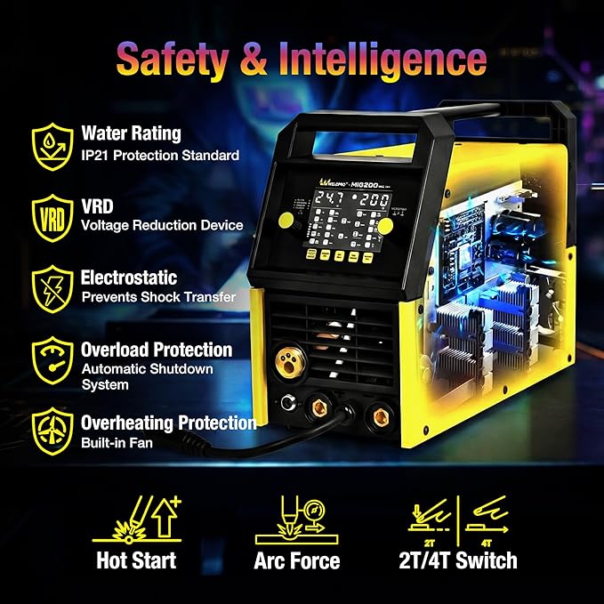 Weldpro MIG Welder, 200Amp 7-in-1 Gas MIG/Gasless Flux Core MIG/Synergic MIG/Lift TIG/MMA/Spot/Spool Gun Aluminum Multi process Welding Machine with Large LED Display, IGBT, 2T/4T, Save Job