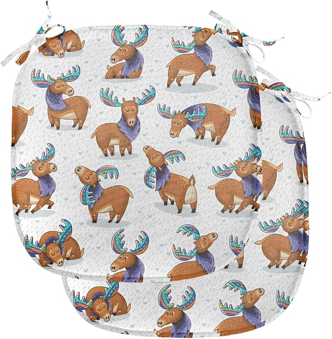 Lunarable Deer Chair Seating Cushion Set of 2, Moose in Cartoon Elks with Rainbow Antlers Cheerful Comic Pattern, Anti-Slip Seat Padding for Kitchen & Patio, 16"x16", Turquoise Lavender