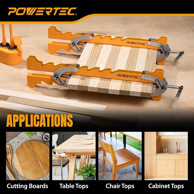 POWERTEC 16" Panel Clamps, 4-Way Pressure Cabinet Clamp Set with Storage Rack, Panel Glue-Up Clamps for Cutting Boards, Tabletops & Wood Panels (72436)