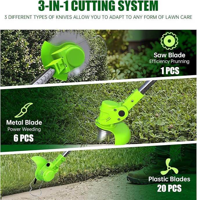 Electric Weed Wacker Eater Cordless Weed Trimmer with Wheels and 2 Pcs 21V/2000mAh Batteries, 3 in 1 Grass Trimmer/Brush Cutter/Lawn Edger with 27 Pcs Replacement Blades for Lawn Garden and Yard