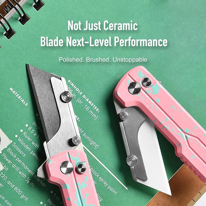 OKNIFE U1 Ultra Pocket Folding Utility Knife with Ceramic Blade, Lightweight O-Aluminum Handle Button Lock EDC Box Cutter with Clip for Men Women (Pink)