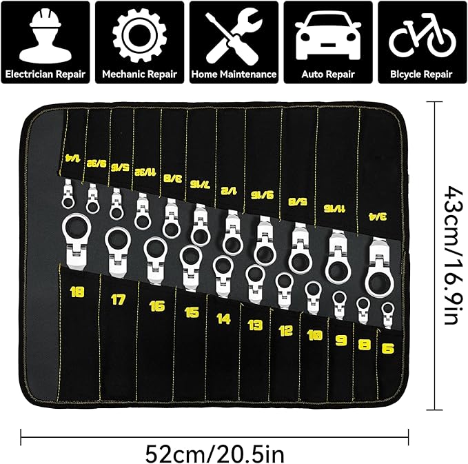 GRENPRO Ratchet Wrenches Set, 23PC Flex Head Ratcheting Wrench Set Metric and Standard & SAE, 6-18mm & 1/4" to 3/4" with Color Ring, CRV Open End Tool Organizer Pouch, Combination Ratchet Wrench Sets