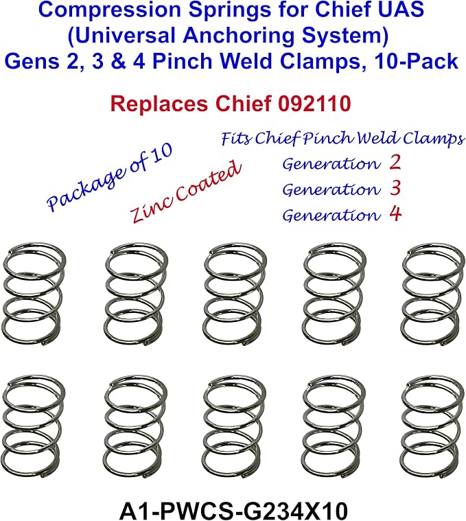 Compression Springs for Chief UAS (Universal Anchoring System) Generations 2, 3 and 4 Pinch Weld Clamps, Replaces Chief 092110, 10-Pack