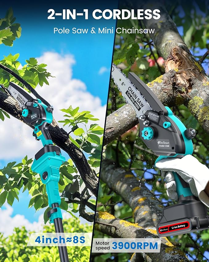 Pole Saws for Tree Trimming, 6" Brushless Mini Chainsaw Cordless with Extension Pole 2 Batteries, Electric Hand Held Chain Saw & Pole Pruner for Trimming Tree Limbs, Gardening Gifts for Mother's Day