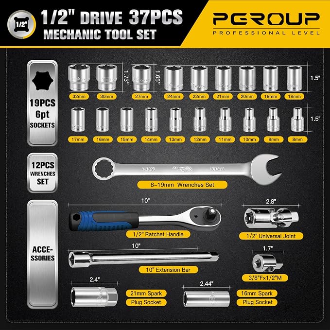 1/2 Inch Drive Metric Socket Set 8-32mm & Combination Wrench Set 8-19mm, 37pcs Mechanic Tool Set for Auto and Bike Repair