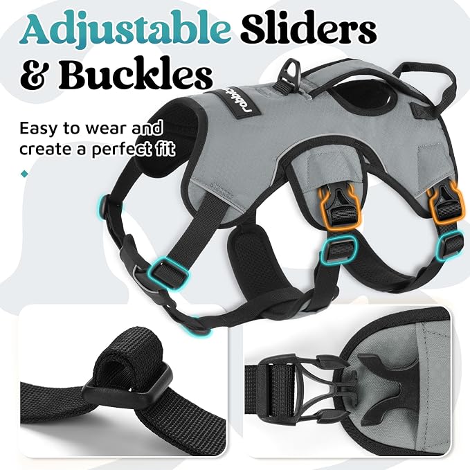 rabbitgoo Escape Proof Dog Harness for Medium, No Pull with Lift Handle | No Escape, Full Soft Padded, Reflective Adjustable Vest, Leash Clip for Walking Hiking Training, Grey, Medium