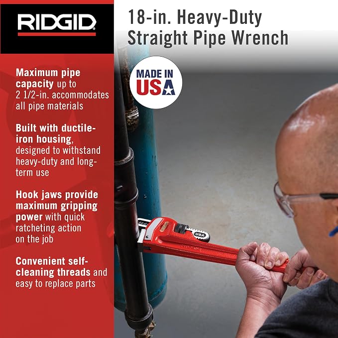 RIDGID 31025 Model 18 Heavy-Duty Straight Pipe Wrench, 18-inch Plumbing Wrench