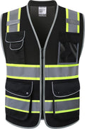 JKSafety 9 Pockets Hi-Vis Black Safety Vest for Men Women High Visibility Reflective Construction Mesh Fabric Cushioned Collar Work Utility PPE Work Gear ANSI/ISEA compliant (101-Black 3XL)
