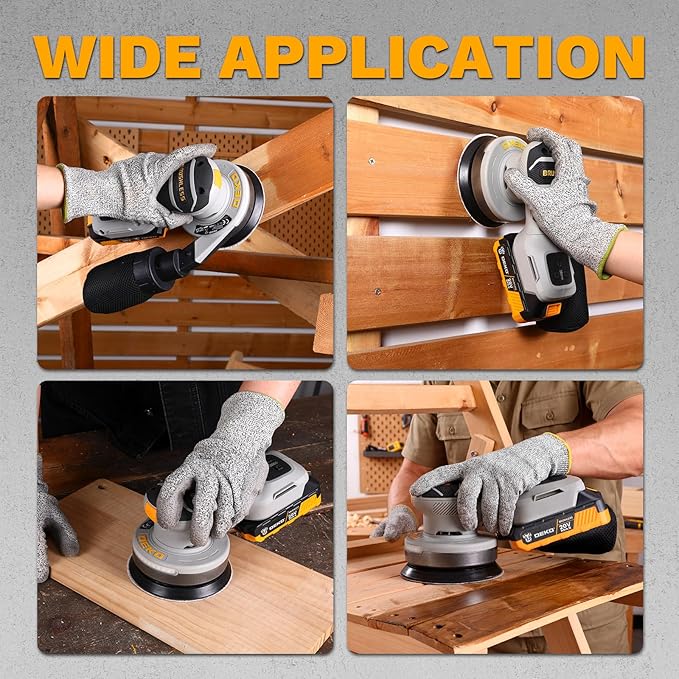 Cordless Orbital Sander: DEKOPRO 20V 5Inch Brushless Orbital Sander, 6000-12000RPM Electric Plam Sander Tool with Battery, Charger, Sanding Discs,Dust Box & Dust Pipe for Woodworking