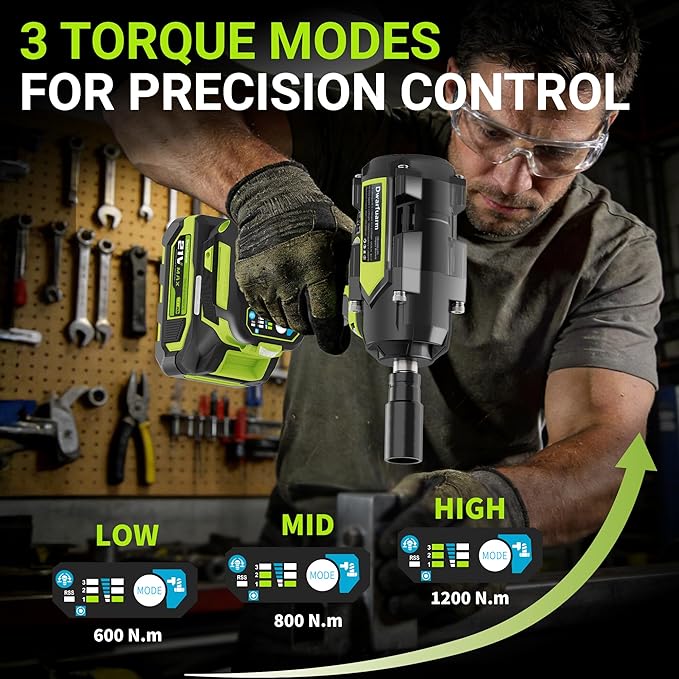 Cordless Impact Wrench 1/2 Inch, 1200N.m High Torque Brushless Impact Gun, 21V Power Impact Driver with 2×4.0Ah Batteries, 3-Speed modes & LED Light, 5 Sockets for Car/Mower/Pickup/Truck/RV