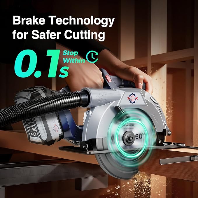 Brushless 20V 6-1/2In Cordless Circular Saw with Brake, 5600 RPM, 4.0Ah Battery Circular Saw Kit with Fast Charger, Cutting Depth 2-1/4" (90°), Adjustable 0-45°Bevel Capability, 2 Blades (24T+60T)