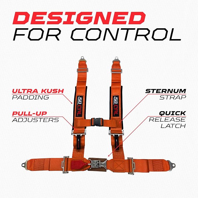 1pc 50 Cal Orange 4 Point Harness 2" straps, Racing Harness Seat Belt | Ultra Kush padding, Push Button quick release hardware. Universal Fit for UTV, RZR, race car