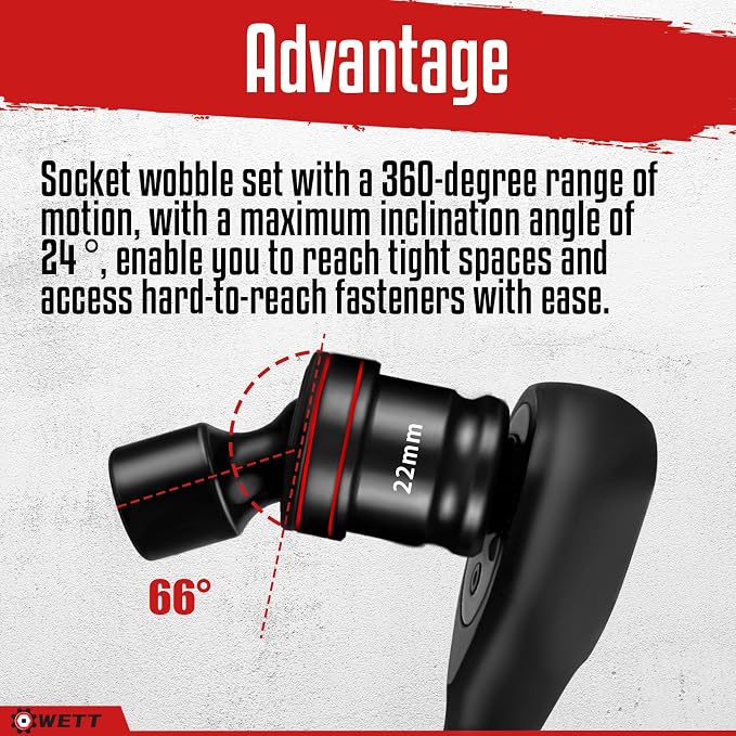WETT 15-Piece 3/8" Drive Shallow Impact Universal Joint Socket Set, Metric Swivel Socket Set (8-22mm), Flexible Wobble Sockets, 6 Point