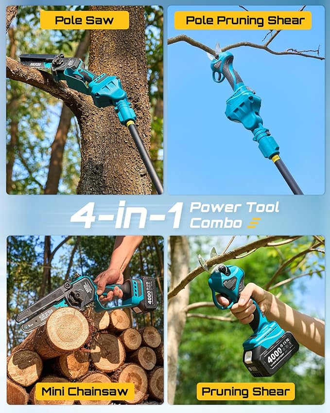 SEESII 4-in-1 Pole Saw & Pruning Shears Combo Kit, 6 Inch Mini Chainsaw for Tree Trimming, Battery Powered Chain Saw with Extension Pole, Limb Branch Cutter Pruner with 2 x 4000mAh Batteries