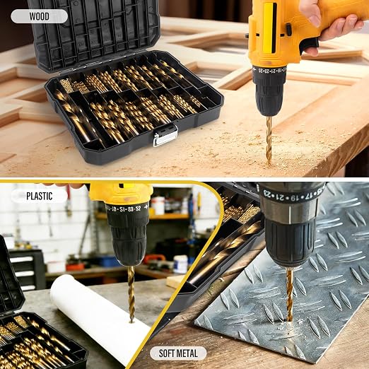230 Pcs Drill Bit Set, 135°Tip High Speed Steel, Titanium Coated Drill Bit Set, Titanium Twist Drill Bit Set for Wood, Aluminum Alloy, Metal, Plastic with Storage Case, 3/64"-1/2"