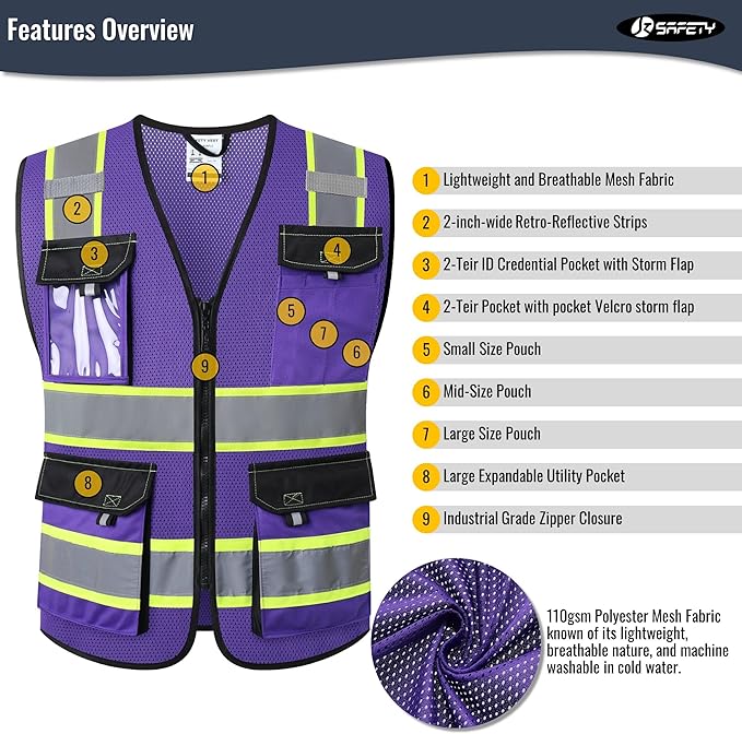 JKSafety Hi Vis Reflective Safety Vests for Men Women High Visibility Vest with Pockets Mesh Fabric Construction Safety Apparel Neon Vest for Work (220-PurpleB XL)