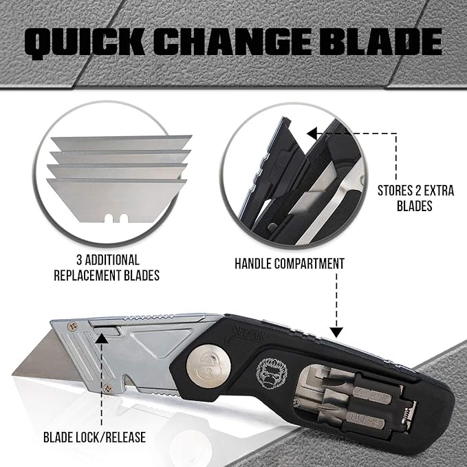 Folding Utility Knife & Box Cutter Combo with Screwdriver Bits, Wire Stripper, Quick-Change Blades, Belt Clip & Refills - Versatile Everyday Carry Tool