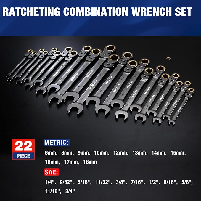 WORKPRO 22-Piece Ratcheting Wrench Set, Flex-Head & Nickel Plating | Metric & SAE (6-18 mm & 1/4-3/4''), 72 Teeth Cr-V Steel, Combination Wrench Set with Organizer Box for Auto Repair & Home DIY