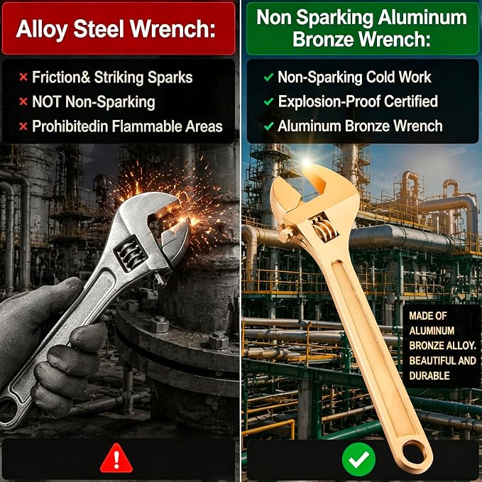 Hicarer 8 Inch Non-Sparking Adjustable Wrench, Aluminum Bronze Tool | Non-Magnetic, Oil & Gas Industry, Chemical Facilities, Hazardous Environments, Industrial Safety Applications