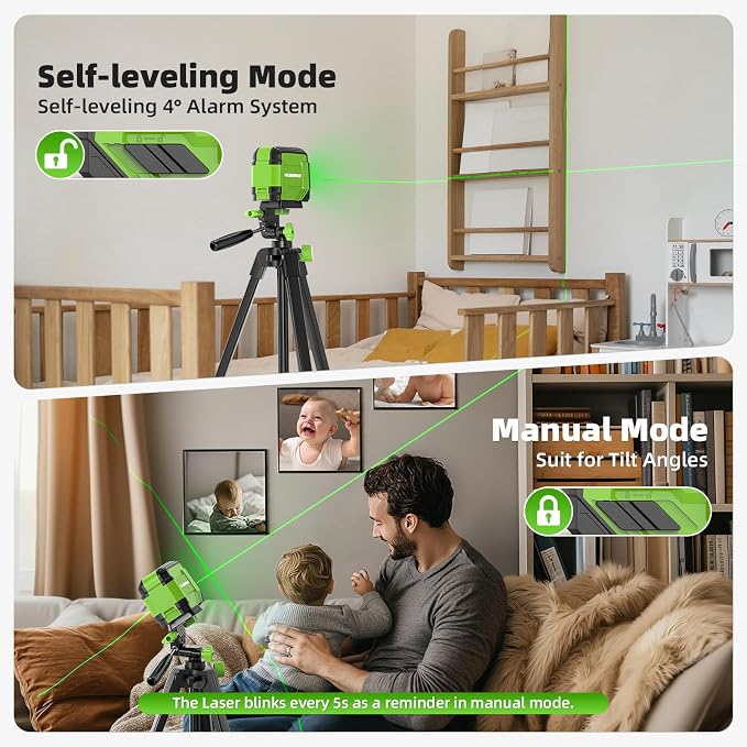 Laser Level with 60in Tripod, HUEPAR 98Ft Self Leveling Laser Level Green Line Laser Cross Line Laser Leveler Tool for Picture Hanging, Home Renovation, Indoor Project, Battery&Carrying Bag Included