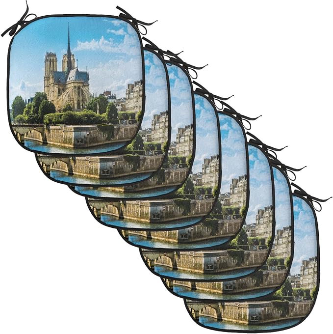 Lunarable Paris Chair Cushion Pads Set of 8, Notre-Dame Building Paris Monument Travel Destinations Photo, Anti-Slip Seat Padding for Kitchen & Patio, 16"x16", Pale Coffee Pale Blue