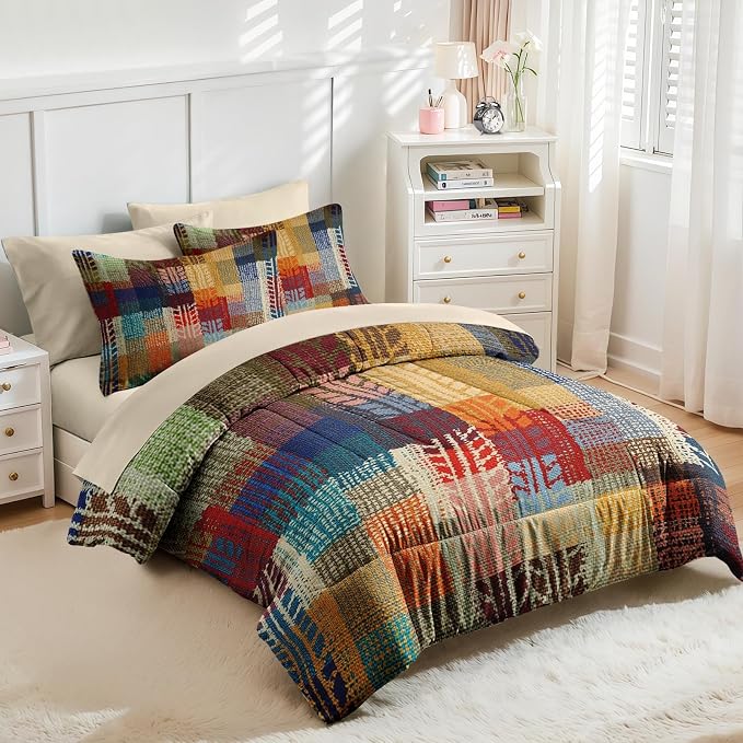 Nesker Comforter Set Twin Size, Boho Vintage Geometric 5 Pcs Bedding for Kids and Adults, Painting Colorful African Bed Sheet Sets with Fitted Sheet Pillowcase & Sham