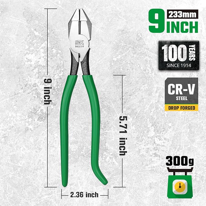 SK 9" Ironworker's Pliers, Linesman Pliers with Heavy Duty Knurled Jaws