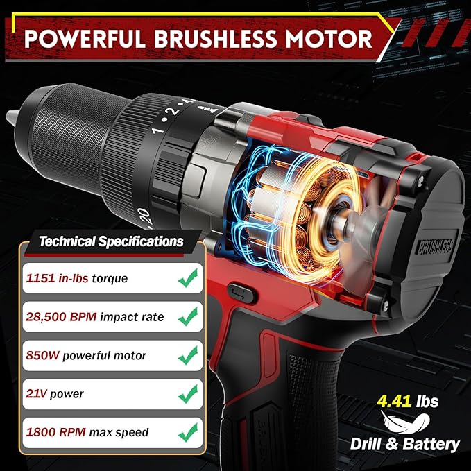 21V Cordless Hammer Drill - 1151In-lbs High Torque Brushless Drill Set w/ 1/2" Metal Chuck & 20+3 Clutch & 4.0Ah Battery & Case - Power Drills for Home Wood Metal Brick Lightweight-Concrete