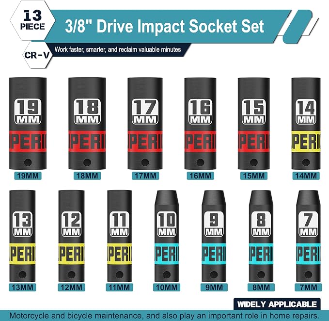 13 Piece 3/8" Drive Impact Socket Set, 7 mm-19 mm Deep Socket, Metric, 6 Point, Automotive Motorcycle and Bicycle Maintenance, Machinery Manufacturing