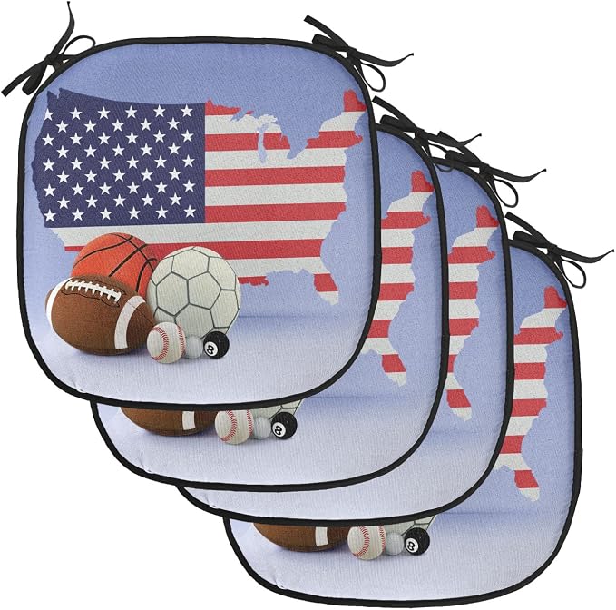 Lunarable Americana Chair Cushion Pads Set of 4, American Map and Sport Balls Basketball Football Competition Matches, Anti-Slip Seat Padding for Kitchen & Patio, 16"x16", Purple Grey Multicolor