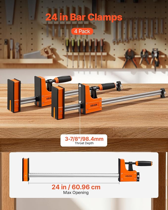 VEVOR Bar Clamps for Woodworking, 4-Pack, 24" Opening F Clamps, 1500 lbs Load Limit, Clamp/Spreader 2 Modes, Soft Rubber Pads, Ergonomic Handle, Carbon Steel Bar, for Wood Working and Metal Working