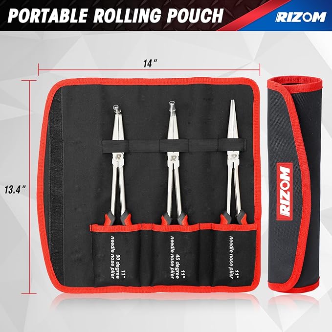 RIZOM 11 Inch Long Needle Nose Pliers, 3Pcs Needle Nose Pliers Set, 90° & 45° Bent Nose Pliers Designed for Long Reach and Narrow Spaces, Includes Storage Bag