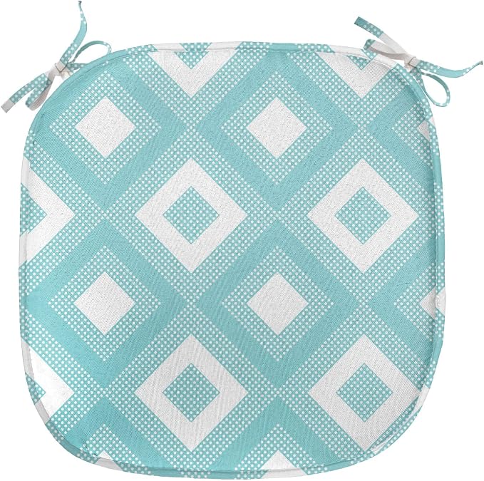 Lunarable Geometric Chair Seating Cushion Set of 8, Nested Diagonal Squares with Tiny Polka Dots Symmetric Repetition, Anti-Slip Seat Padding for Kitchen & Patio, 16"x16", White and Pale Teal