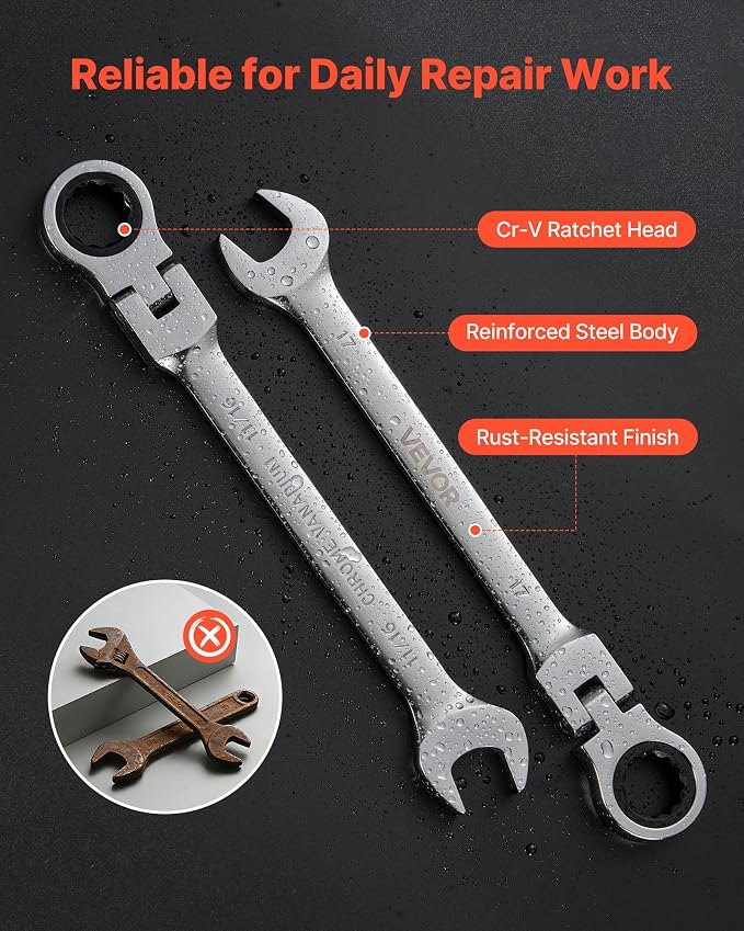 VEVOR 24-piece Ratcheting Wrench Set with 180° Flex Head, Anti-Slip Tooth, Combination Wrench Sets with Organizer Box, Metric 8-19mm & SAE 1/4-3/4", Polished