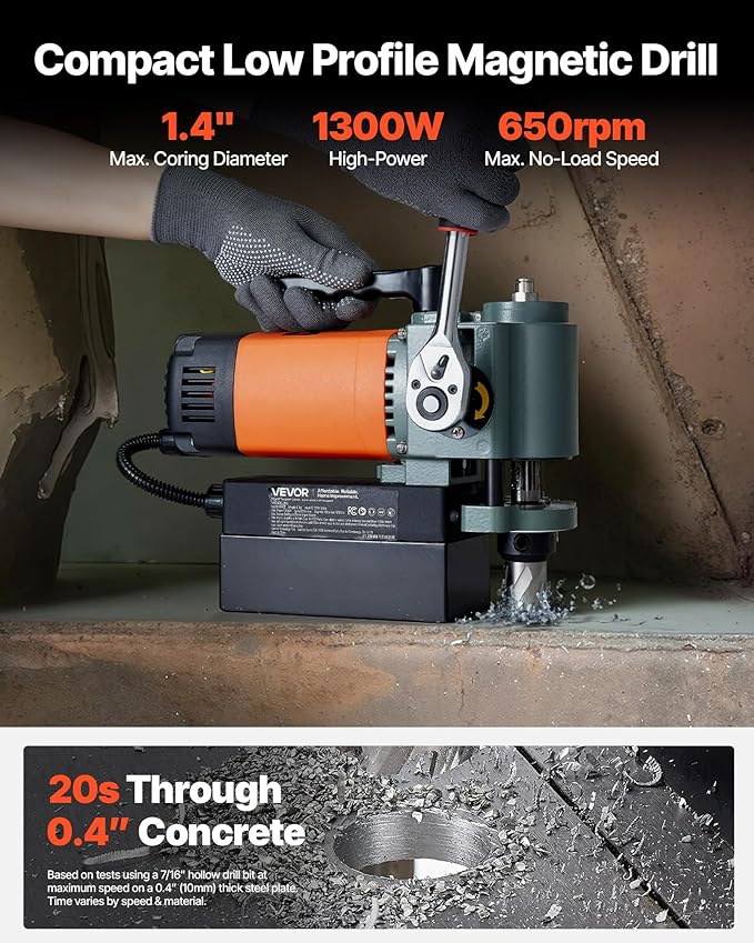 VEVOR Low Profile Magnetic Drill Press, 1300 W, 1.4 in Boring Diameter, 2248 lbf Power Portable Mag Drill Press, 650RPM Speed, with Weldon Shank, for Metal Surface, Industrial and Home Improvement