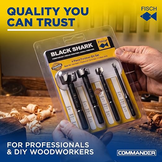 Fisch Black Shark Forged Steel Forstner Drill Bit Set for Woodworking, Precision Wave Design, Clean Cuts in Hardwoods, MDF, and Plywood, Made in Austria (4 Pcs. Set Inc.(1/4" to 1") in Blister Pack)