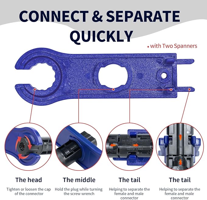 60PCS Solar Connector Crimping Tool Kit for Connecting Solar Panel Cable Wire, with 30 Pairs MC4 Connectors ，AWG13-10 Crimper and Stripper，2pcs Spanner Wrench，Solar Panel Connectors in the bag.