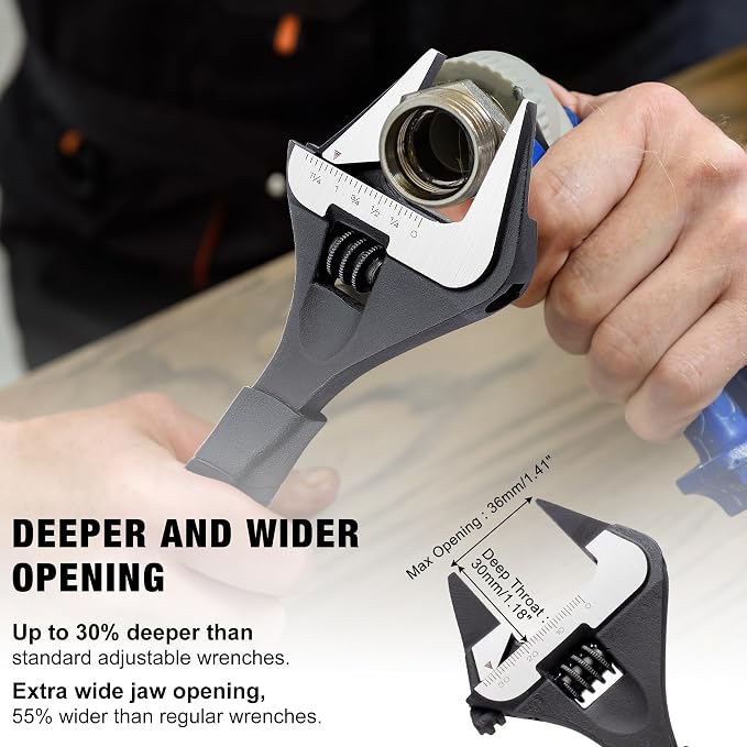 MAXPOWER 8-inch Slim Jaw Adjustable Wrench, Wide Jaw Opening Adjustable Wrench, Dual Scale with Metric and SAE Plumbing Wrenches, Soft Grip Handle