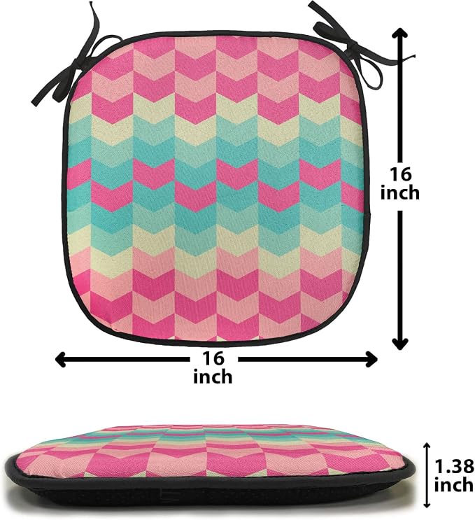 Lunarable Geometric Chair Cushion Pads Set of 8, Retro Pattern Mexican Flora Bohemian Contemporary Art Illustration, Anti-Slip Seat Padding for Kitchen & Patio, 16"x16", Pink Pale Pink Turquoise