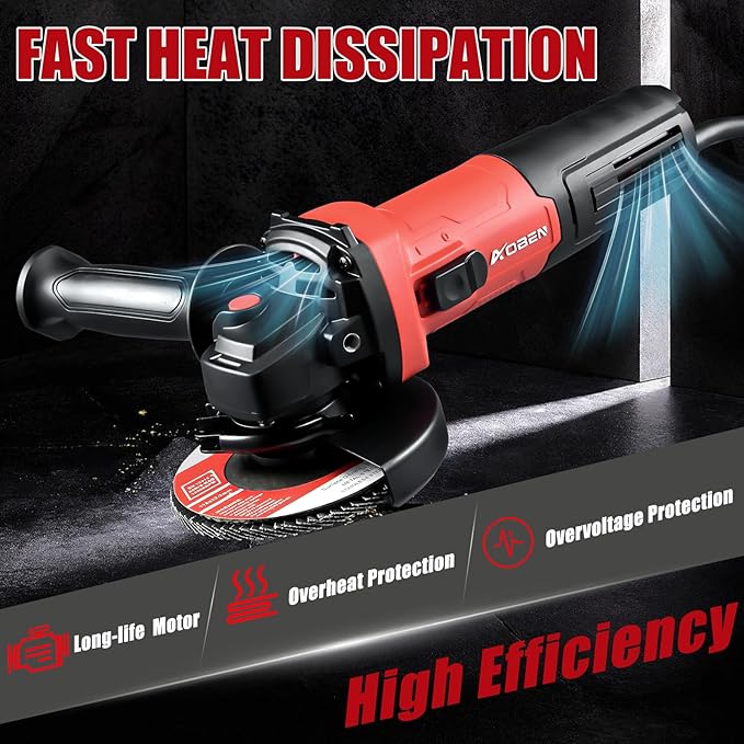AOBEN 900W Angle Grinder 4-1/2 inch | 7.5Amp, 11000 RPM Corded Electric Grinder Tool, with Slide Switch, Safety Guard & Hand | for DIY Projects, Metal Cutting & Grinding