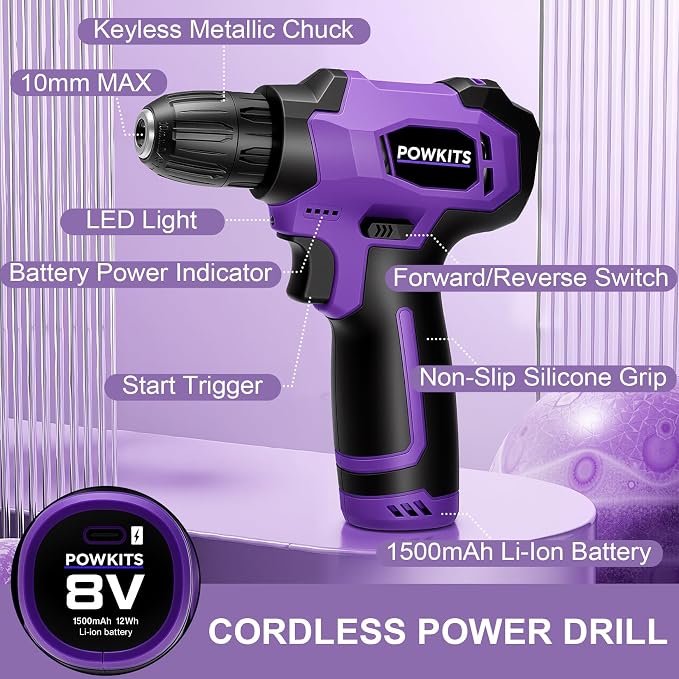 8V Cordless Drill Set, Built-in LED, Rechargeable Purple Power Drill with Drill & Screw Bits, 139-Piece Electric Drill Tool Set for Women & Men, Portable Tool Kit for Home Repairs, DIY Projects