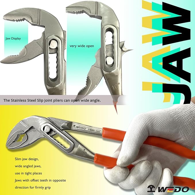 WEDO Slip Joint Pliers, 10-inch Tongue and Groove Pliers,Stainless Steel V-Jaw Groove Joint Pliers, Jaw Capacity 1.3"(32mm),Length 250mm(10"),Quick Release Water Pump Pliers,Non-slip Handle